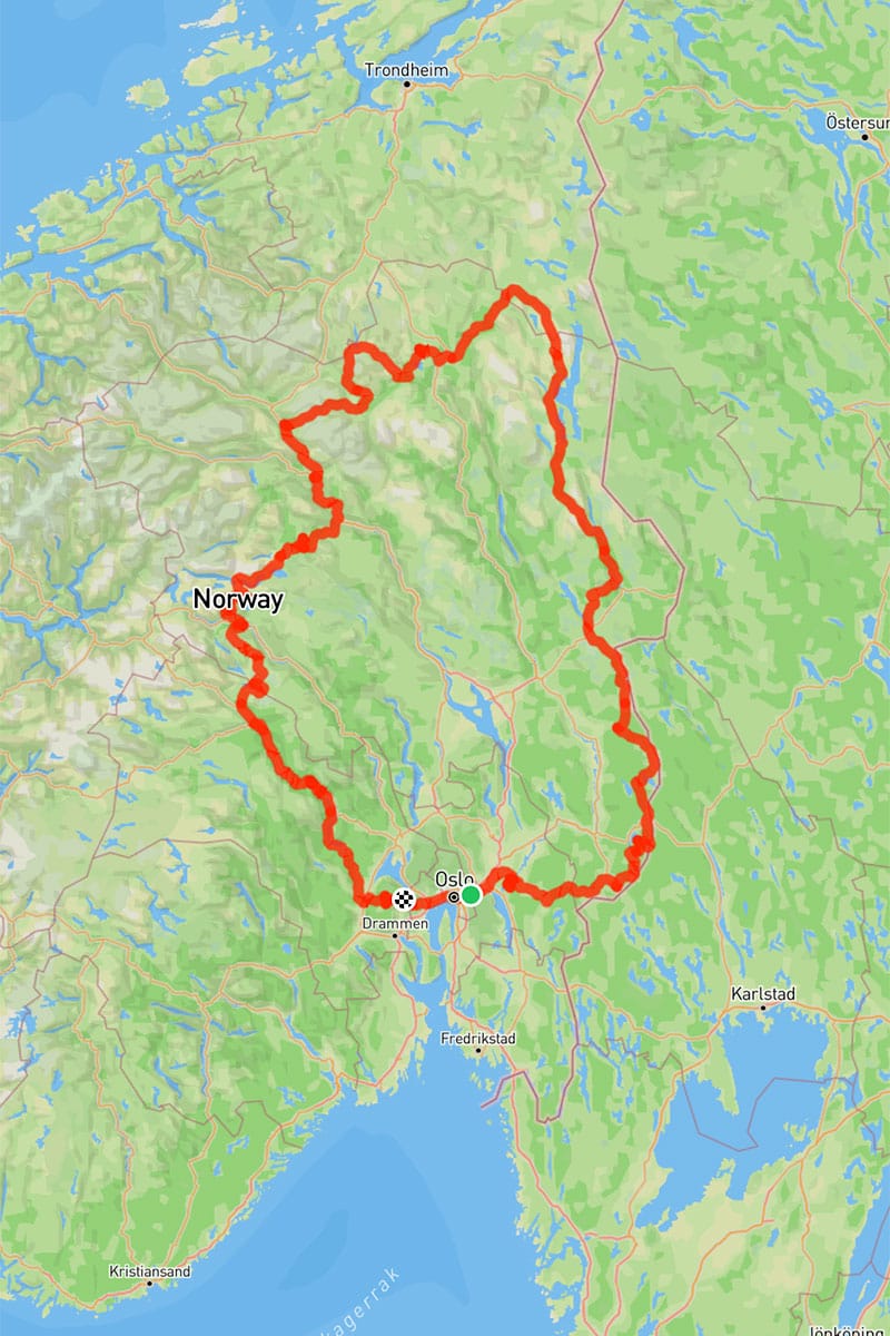 Karte Bis Oslo Loop Karte von Norwegen mit einer Bikepacking Runde mit Start/Ziel in Oslo.